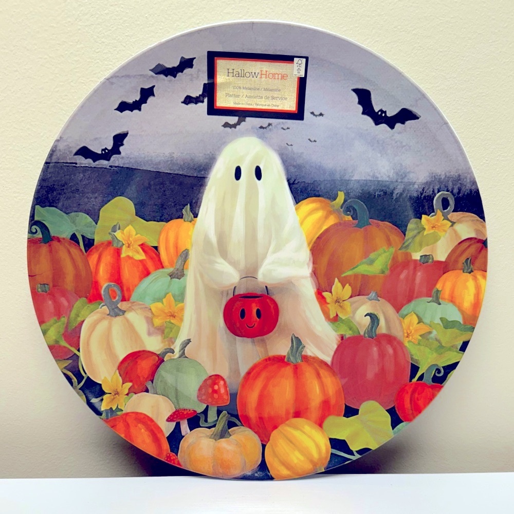New! Large Halloween melamine 15” platter with Ghost in Pumpkin Patch